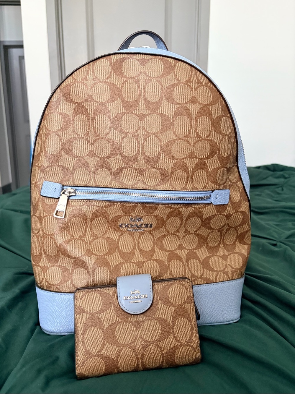 Coach Tan Signature Canvas Backpack with Light Blue Trim